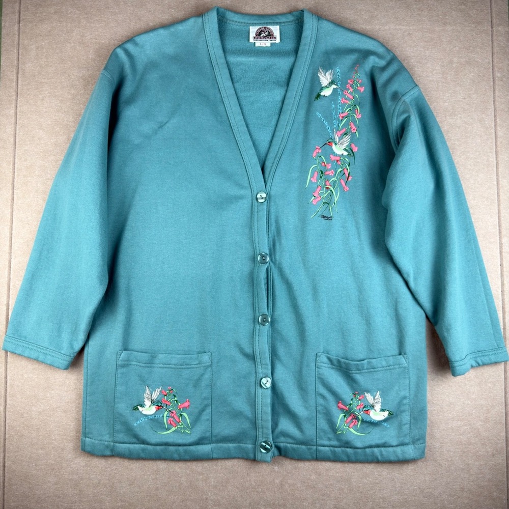 Vintage Canada‎ North Cardigan Women L  Sportswear Teal Bird Floral Embroidery